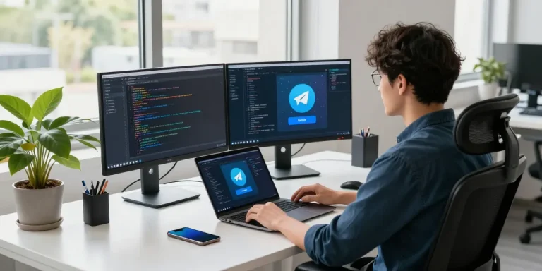 Download Telegram下载 on a modern workspace with tech gadgets and app interfaces.