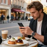 Enthusiast admiring a clone watch in an urban café setting, showcasing luxury and style.