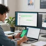 WhatsApp下載 displayed on laptop while a professional engages with the app in a modern workspace.